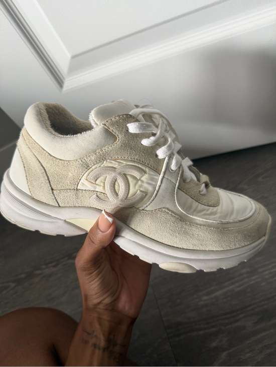CHANEL Shoes - CHANEL Cream & White CC Logo Suede Nylon Trainer